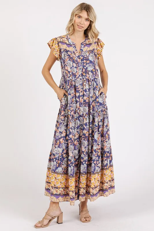 Floral Ruffled Notched Cap Sleeve Maxi Dress, image 3