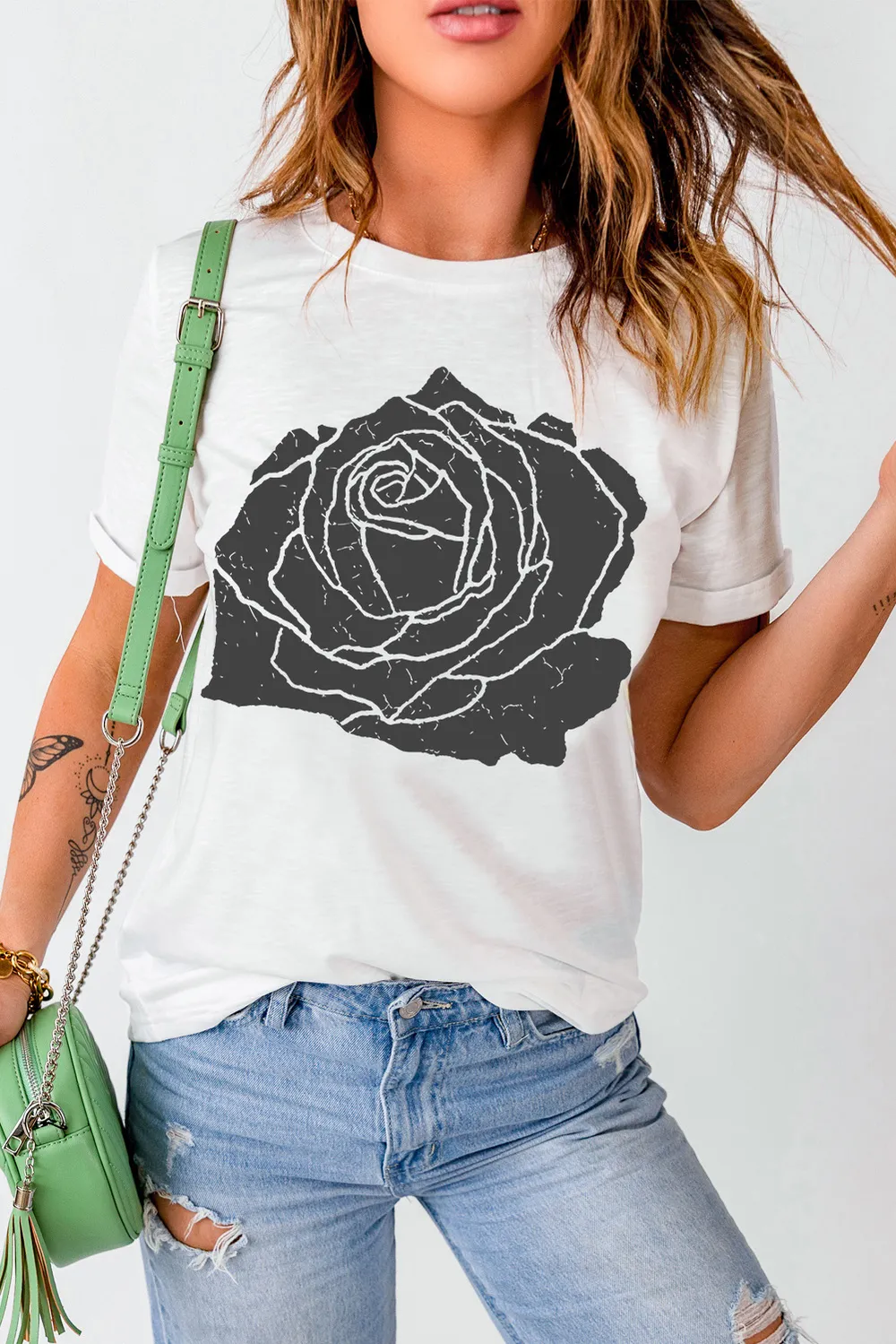 Rose Graphic Round Neck Short Sleeve T-Shirt, image 2