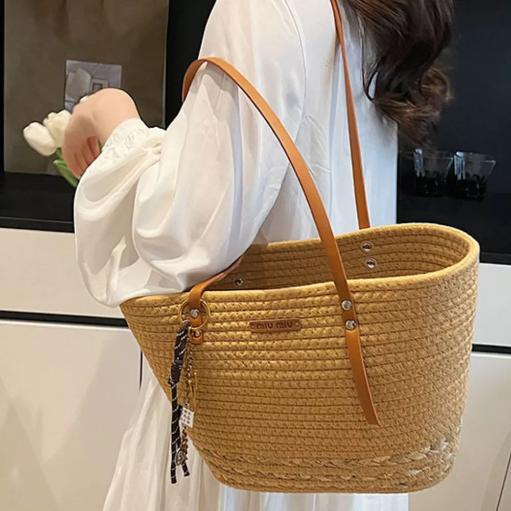 Woven Straw Tote Handbag with Leather Straps, image 6