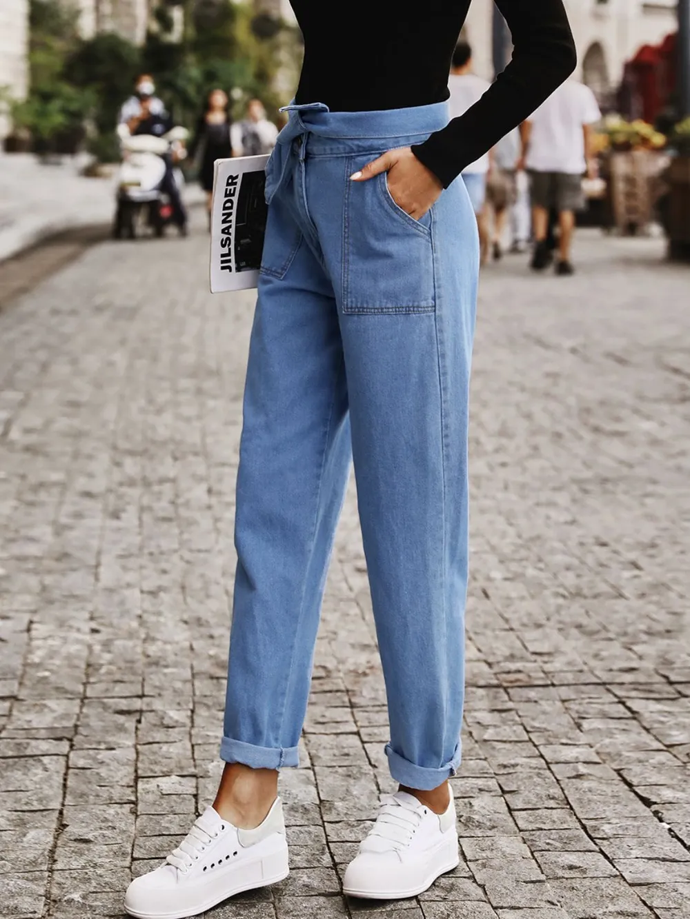 Tied Straight Jeans with Pockets, image 6