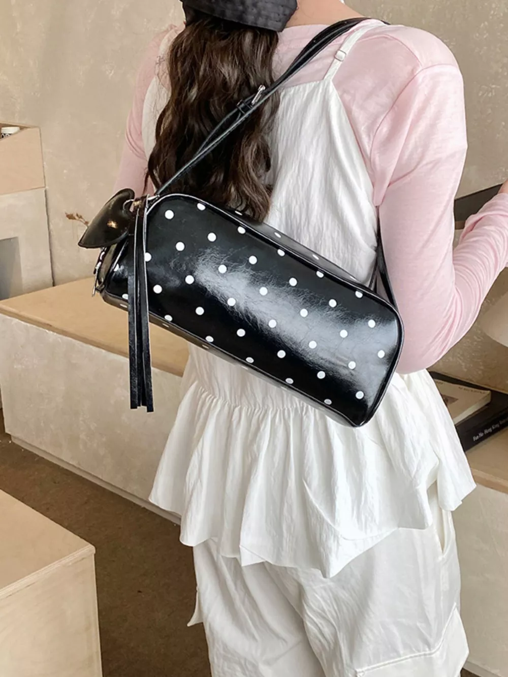 Polka Dot Leather Shoulder Bag, image 7