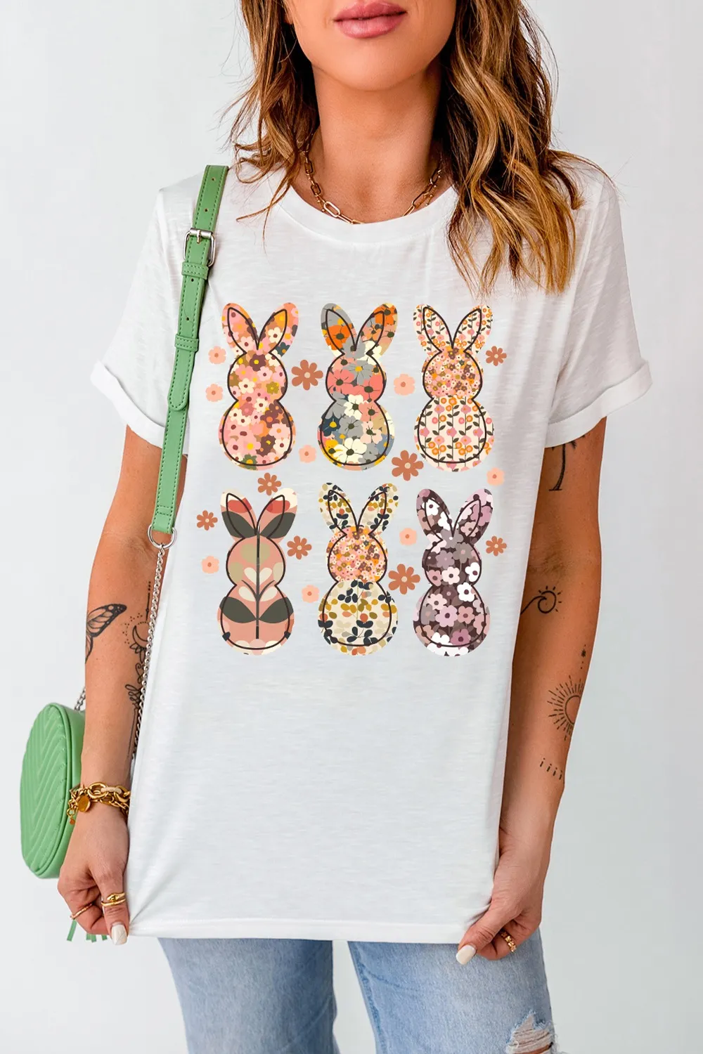 Floral Bunny Graphic Crewneck Short Sleeve T-Shirt, image 3