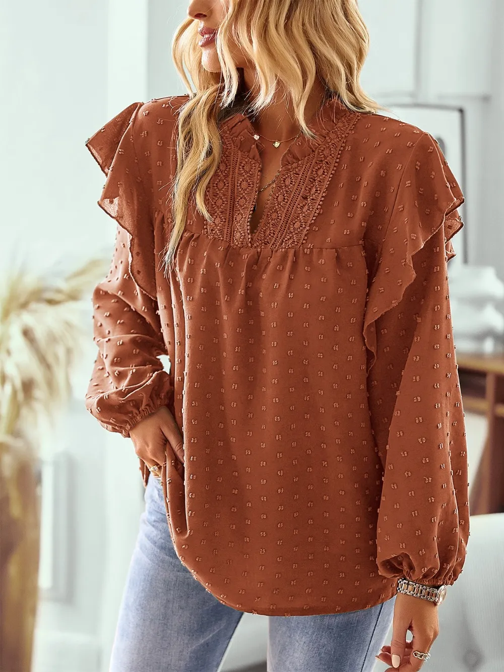 Swiss Dot Ruffled Long Sleeve Blouse, image 13