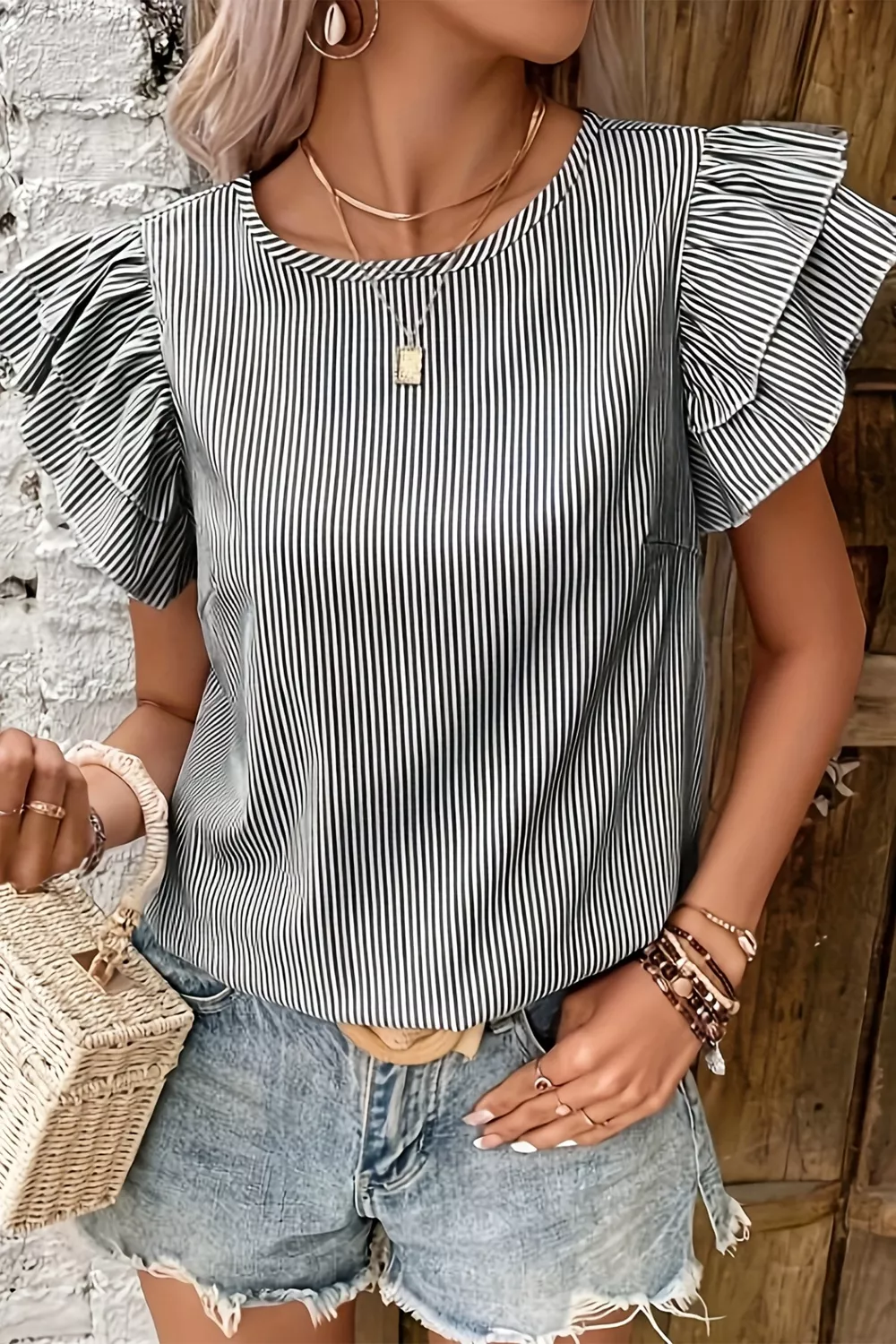 Stripe Striped Ruffle Sleeve Short Sleeve Round Neck Casual Shift Blouse, image 3
