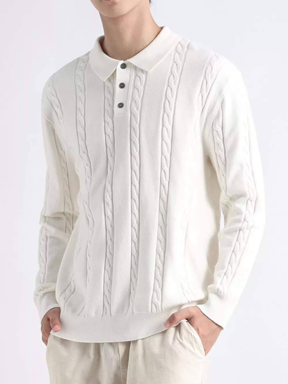 Men's Plus Size Cable-Knit Polo Collar Sweater, image 2