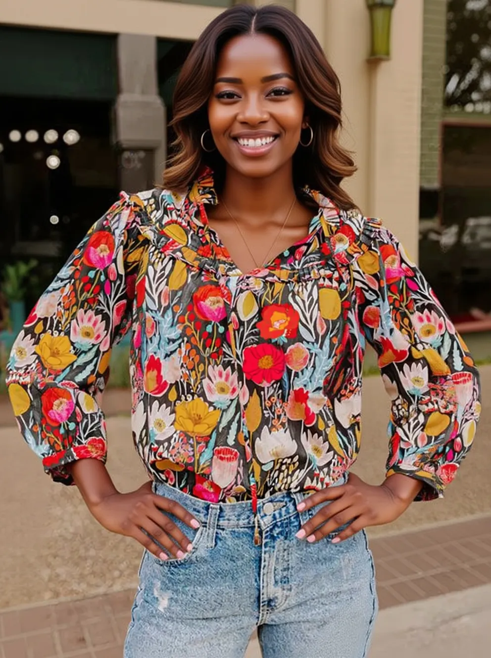 Floral 3/4 Puff Sleeve Tied Neck Blouse, image 2