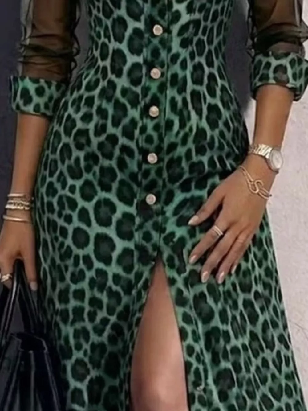 Full Size Leopard Sheer Mesh Long Sleeve Button-Down Maxi Dress Plus Size, image 4