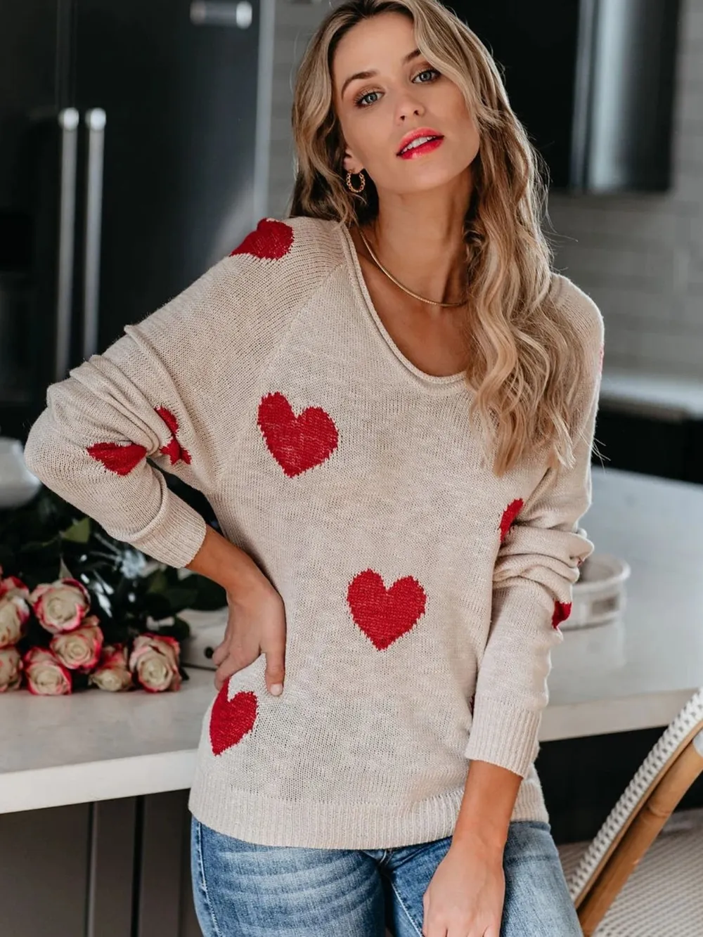 Heart Scoop Neck Long Sleeve Sweater, image 7