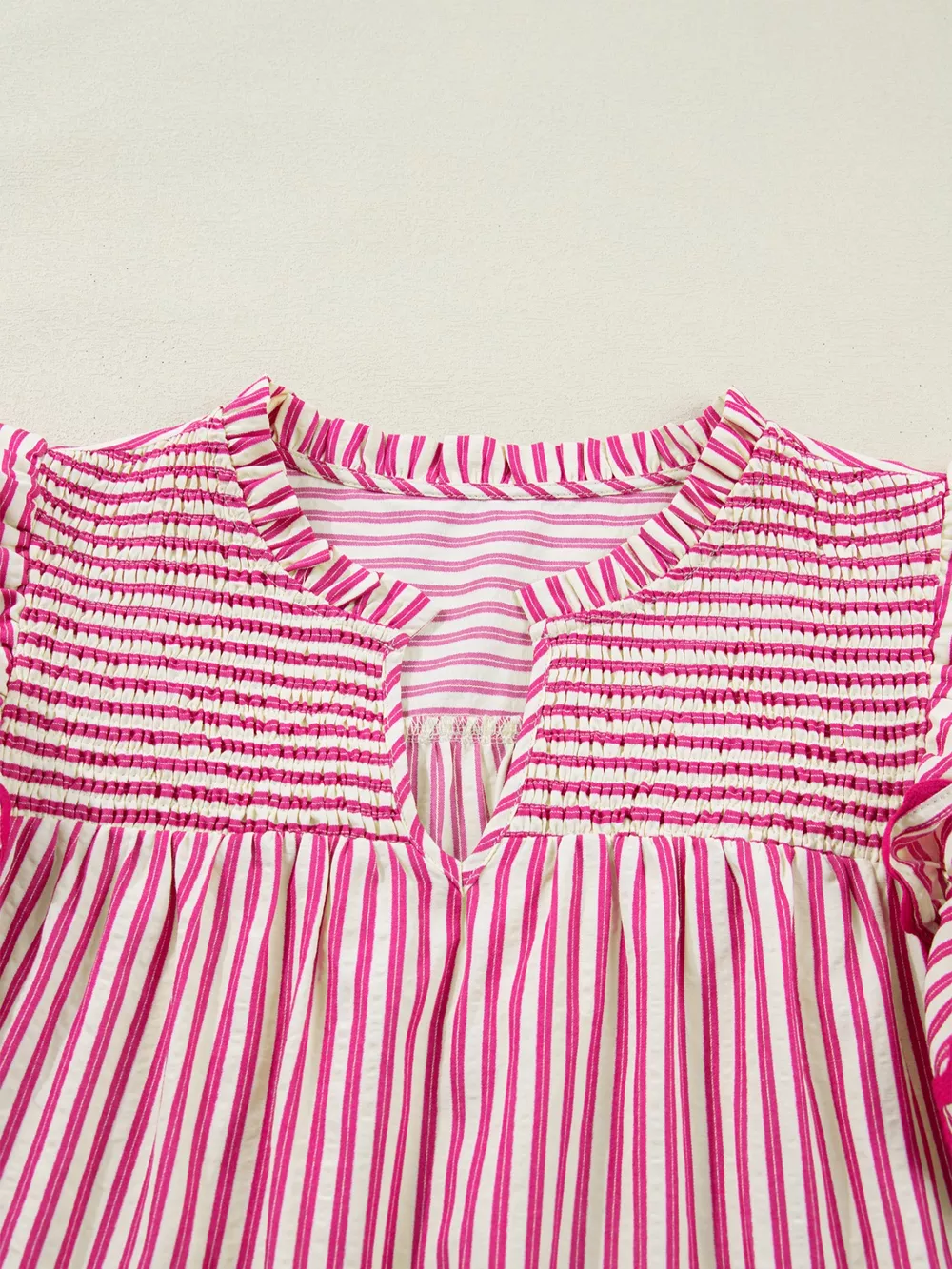 Stripe Shirred Yoke Ruffled Short Sleeve Blouse, image 9