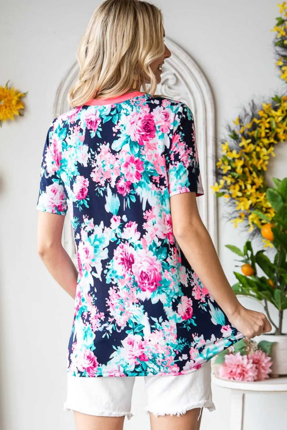 Full Size Floral V-Neck Short Sleeve T-Shirt, image 2