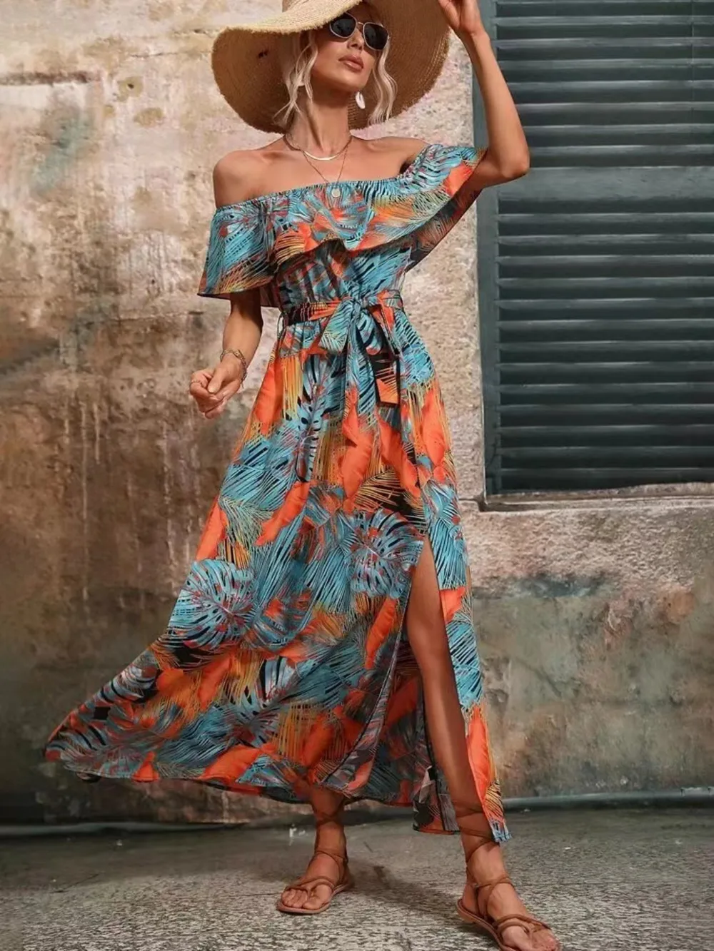 Ruffled Printed Off Shoulder Maxi Dress, image 8
