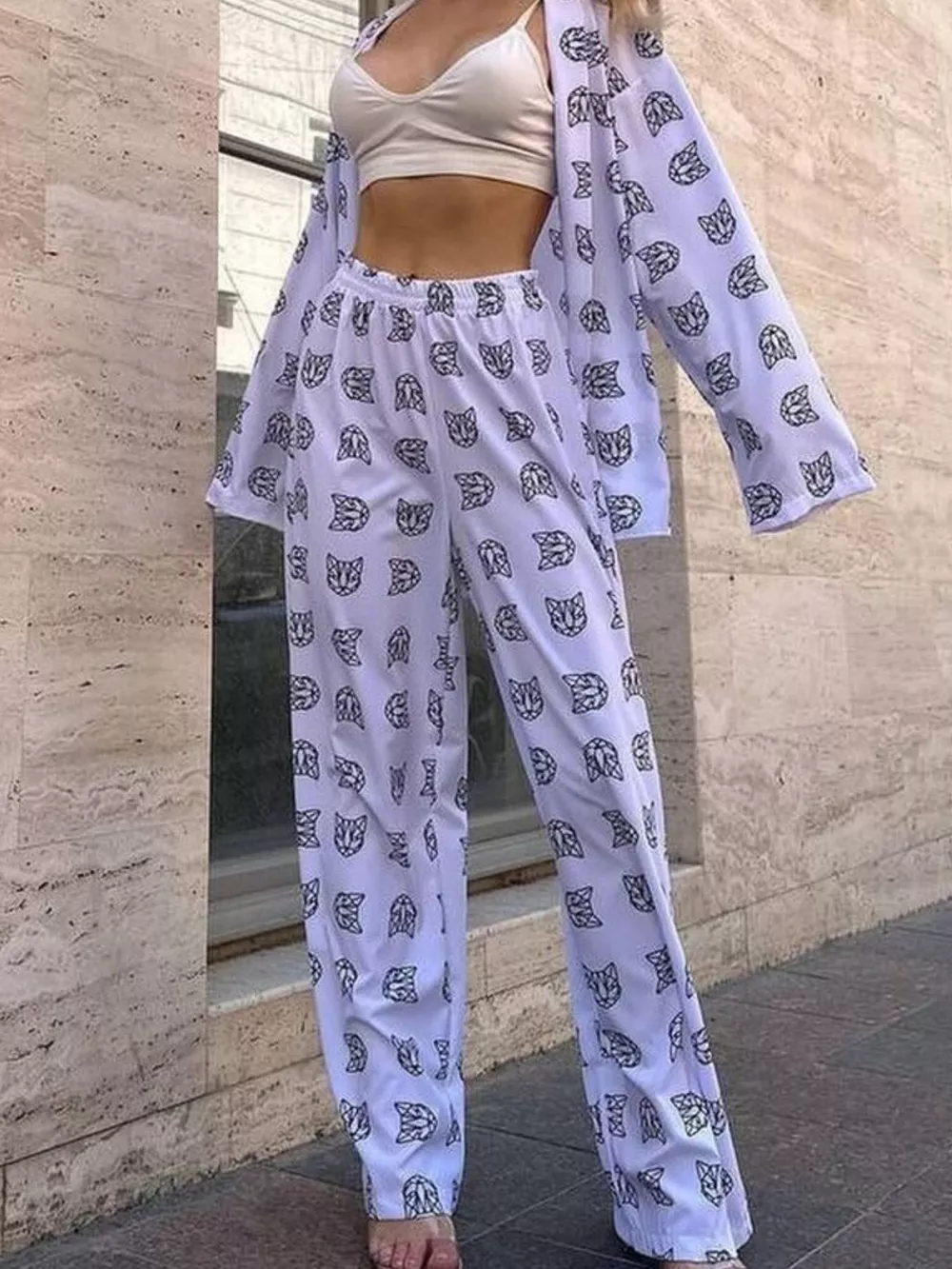 Open Front Cat Print Shirt and Pants Set, image 9