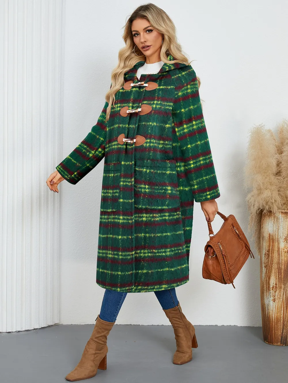 Plaid Long Sleeve Hooded Coat with Pockets, image 5