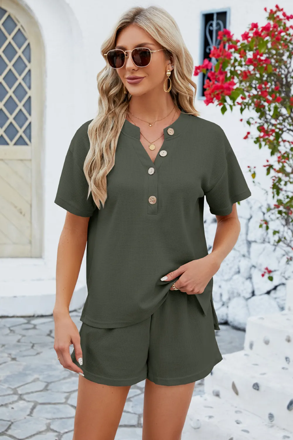 Notched Button Detail Dropped Shoulder Top and Shorts Set, image 28