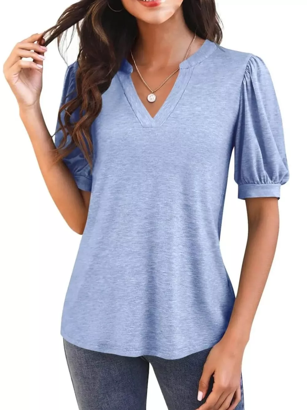 Puff Sleeve Notched Casual T-Shirt, image 21