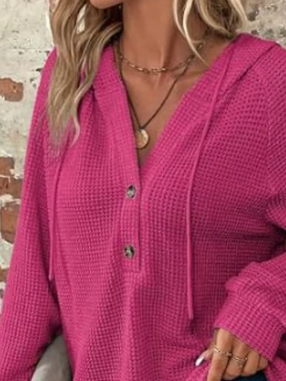 Waffle Knit Button Detail Hoodie, image 6