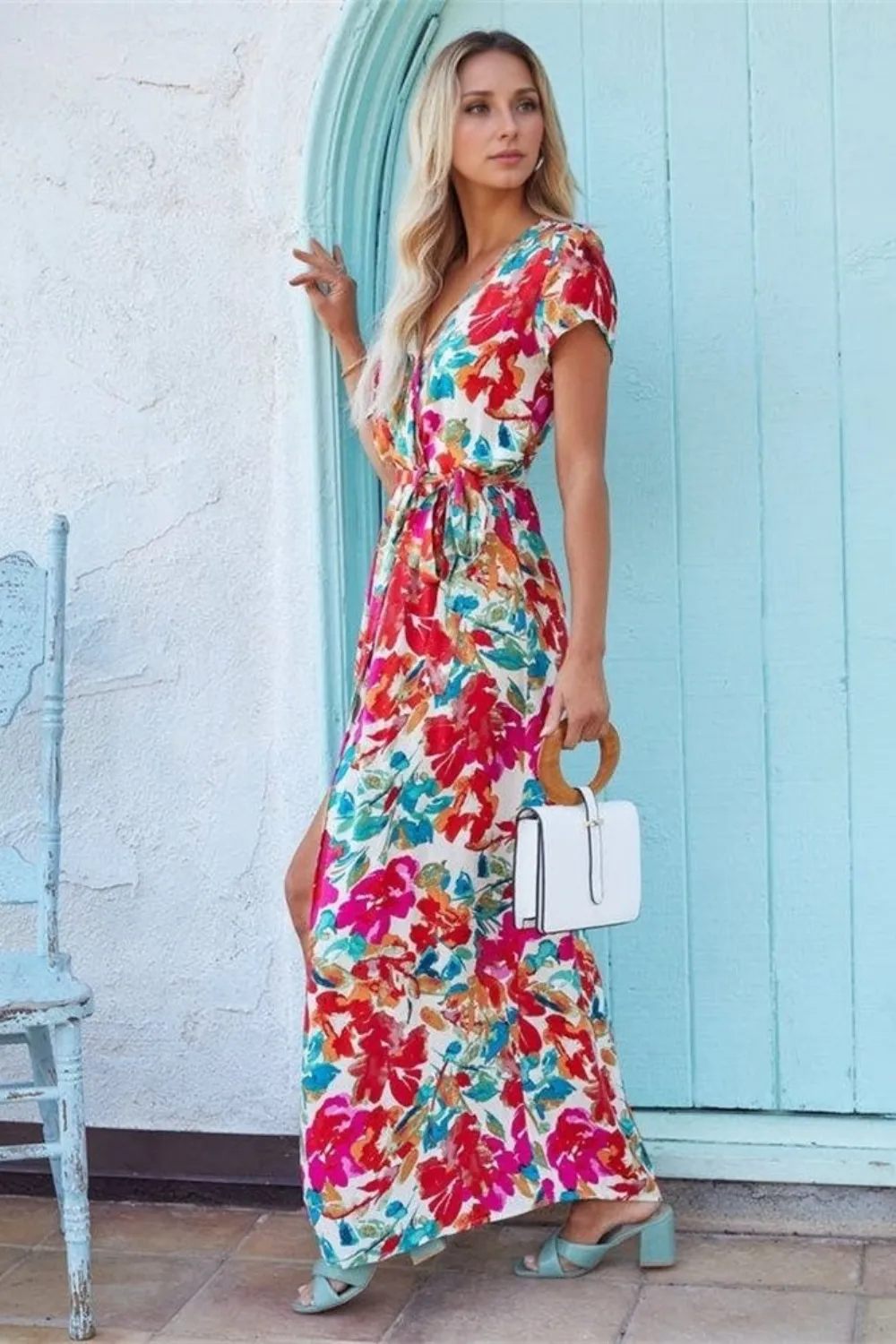 Printed Surplice Short Sleeve Tie Waist Maxi Dress, image 3
