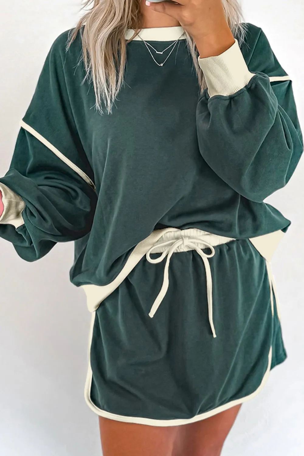 Contrast Trim Round Neck Top and Skort Set, image 8