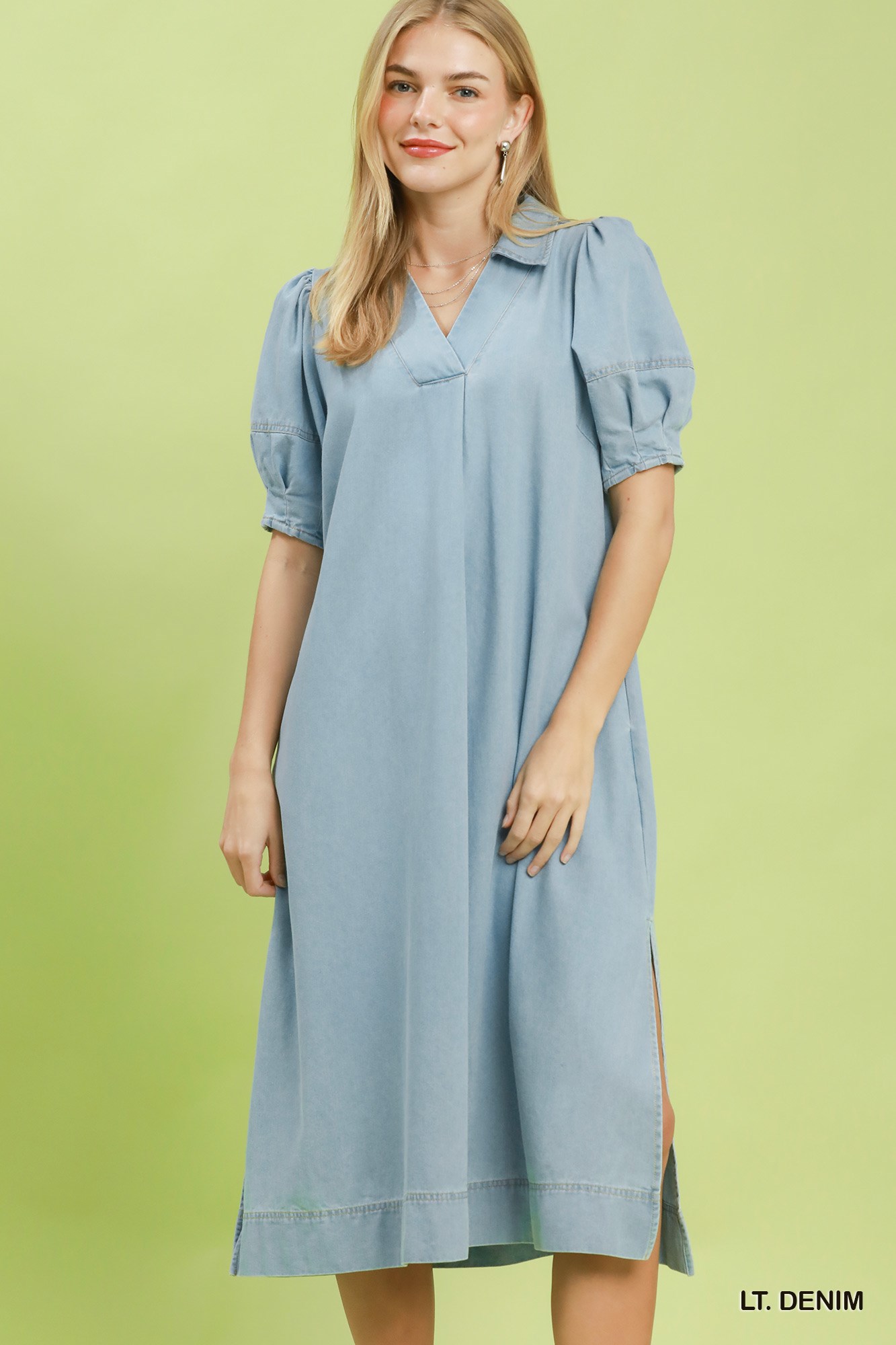 Chambray Collared Puff Sleeve Dress