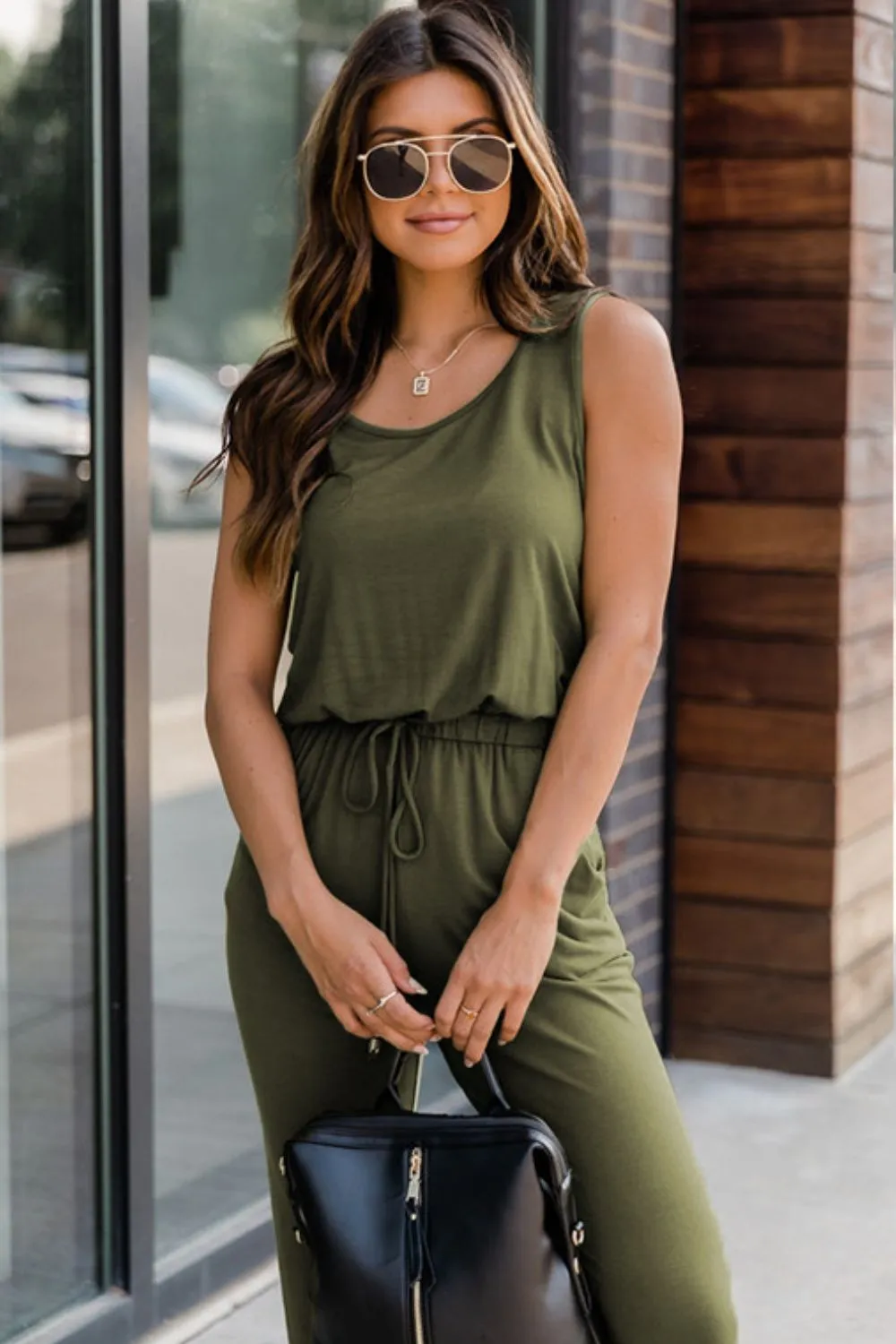 Drawstring Round Neck Sleeveless Jumpsuit, image 8