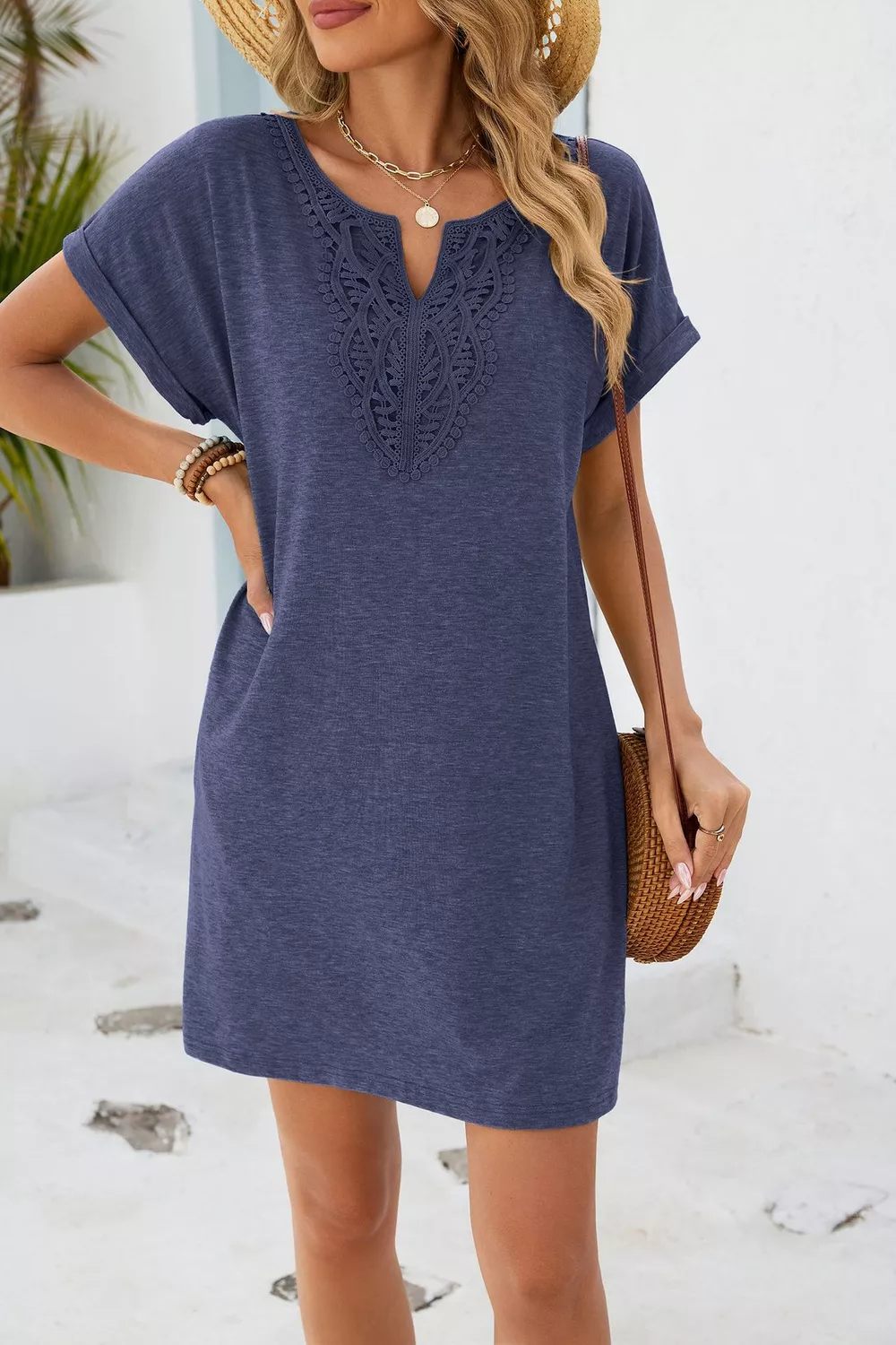 Lace Trim Notched Short Sleeve Dress, image 3