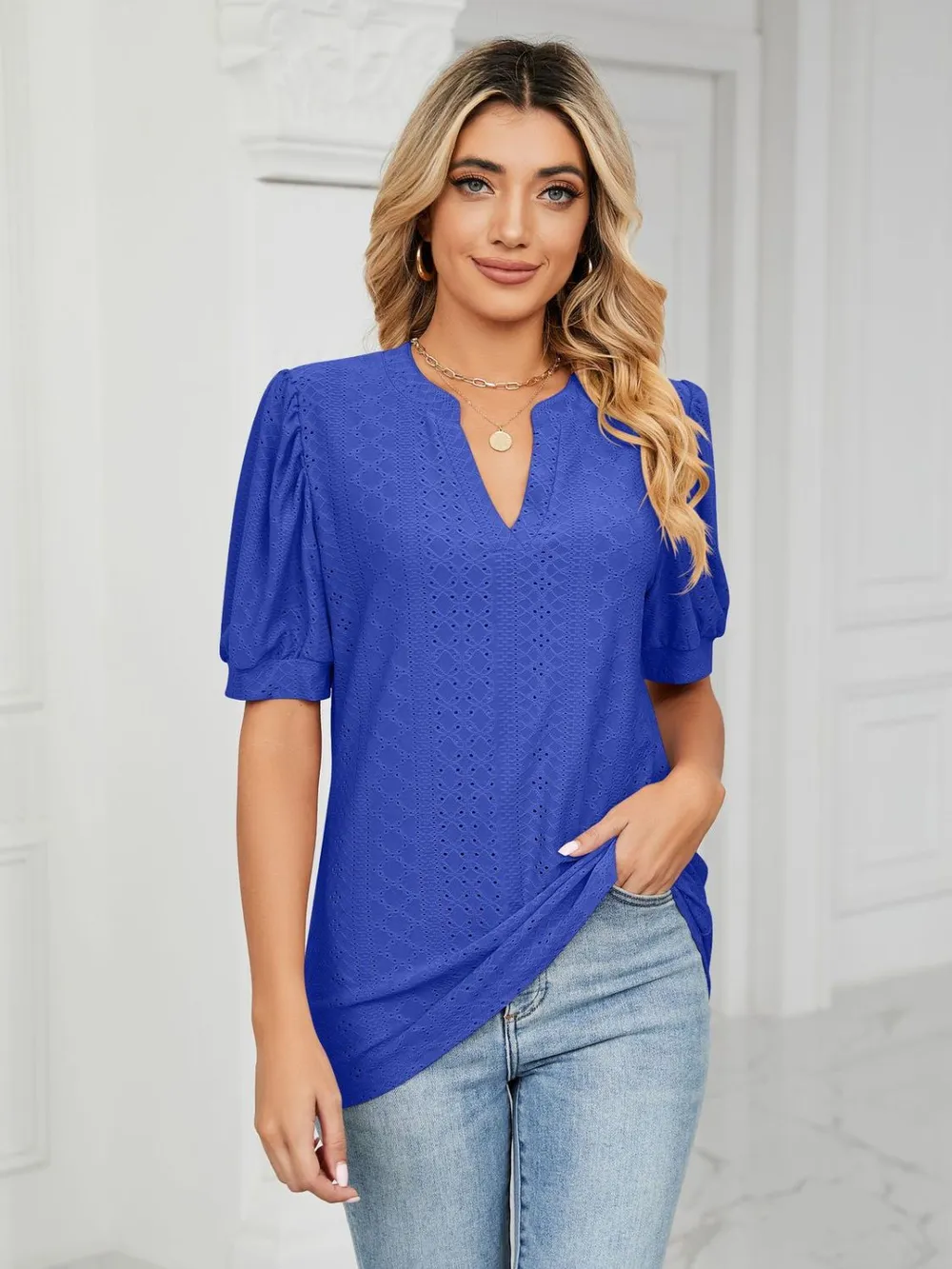 Eyelet Notched Short Sleeve T-Shirt, image 2
