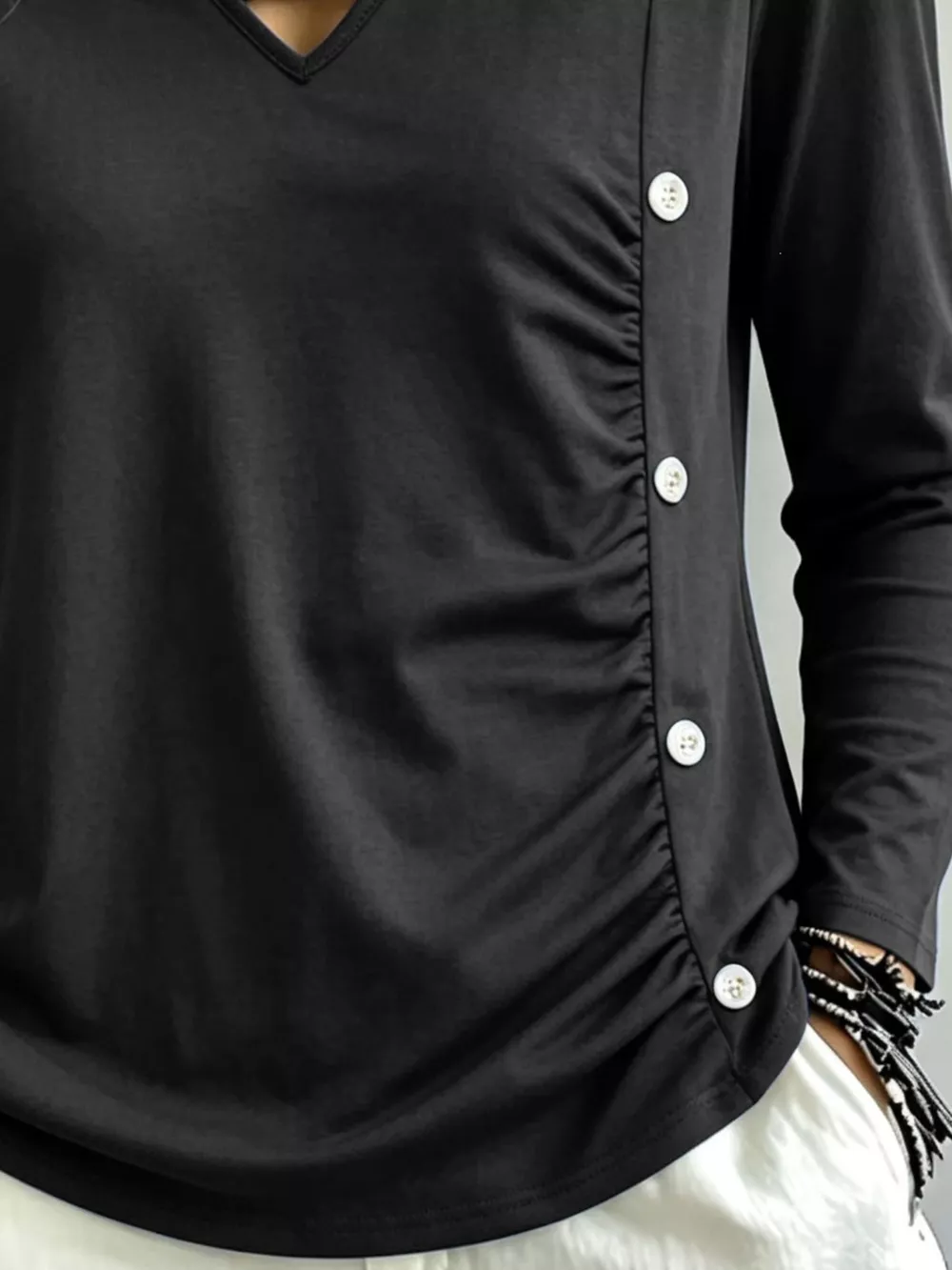 Plus Size Decorative Button Criss-Cross Long Sleeve Top, image 4