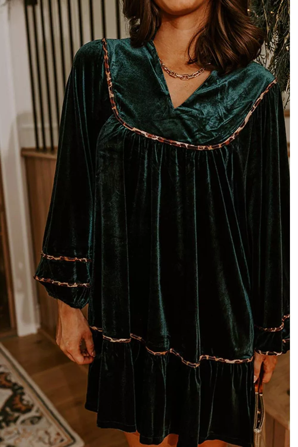 Leopard Trim Velvet Long Sleeve Shift Dress, image 7