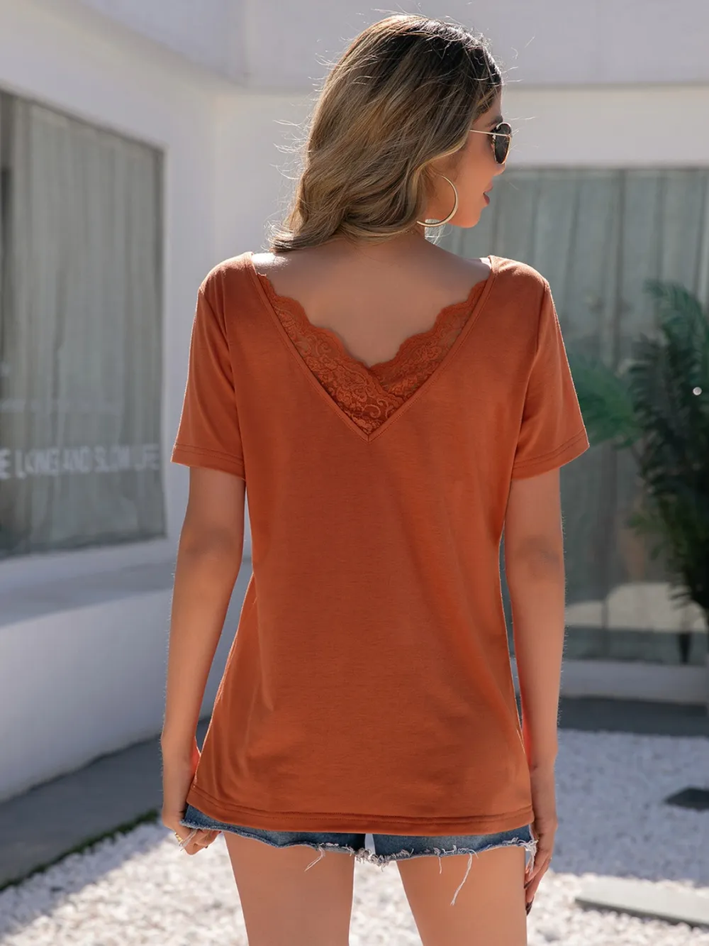 Lace Detail V-Neck Short Sleeve T-Shirt, image 9