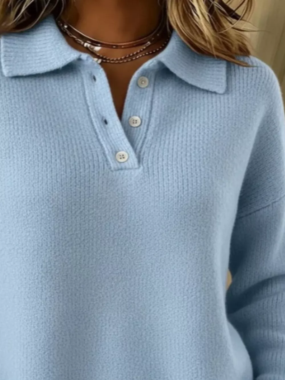 Full Size Half Button Collar Drop Shoulder Sweater Plus Size, image 11