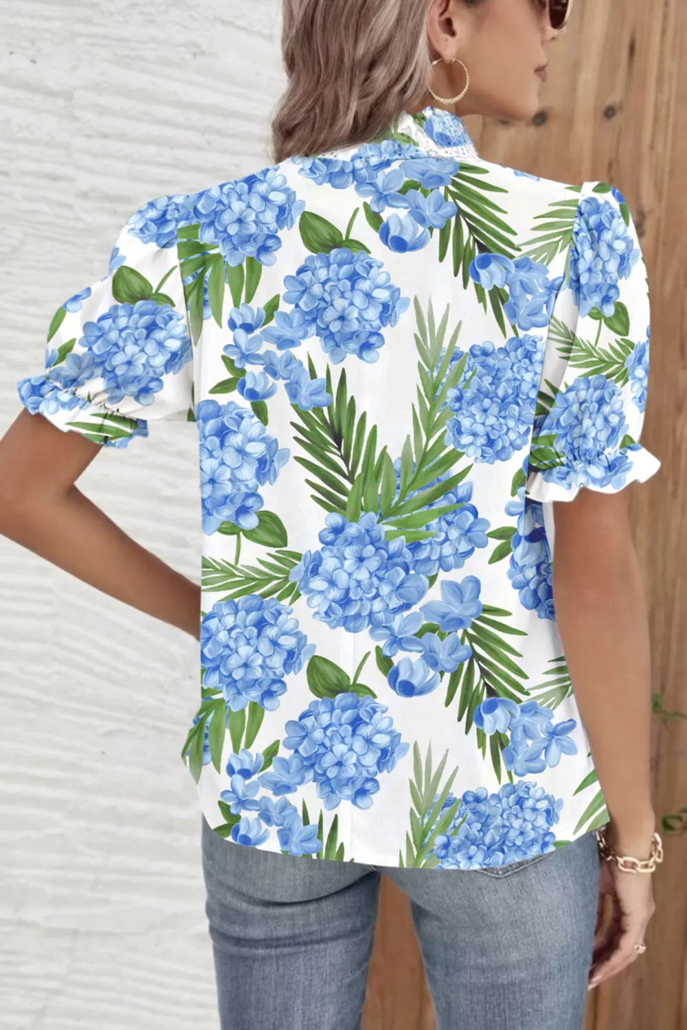 Palm Floral Print Striped Patchwork V Neck Short Sleeve Blouse, image 3
