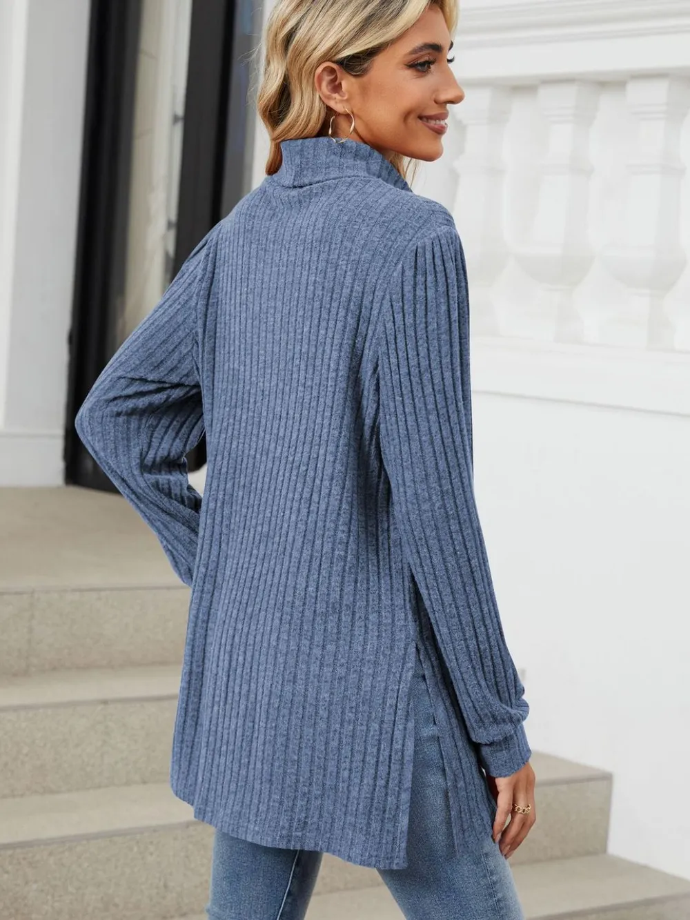 Slit Mock Neck Long Sleeve T-Shirt, image 3