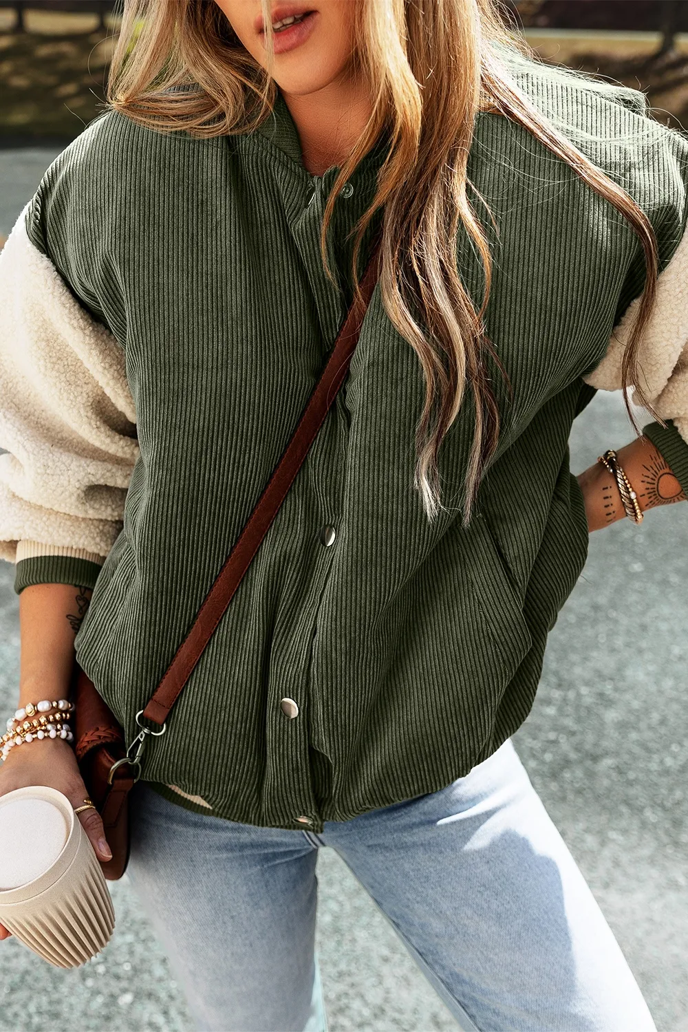 Contrast Baseball Collar Snap Down Long Sleeve Jacket, image 6