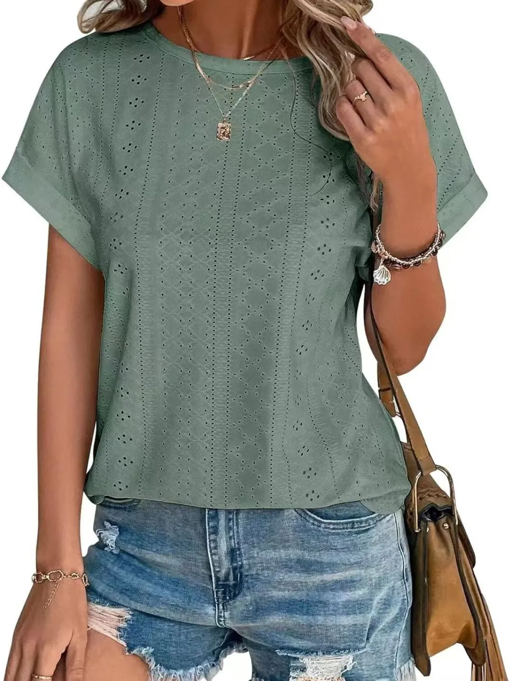 Eyelet Round Neck Short Sleeve T-Shirt, image 7