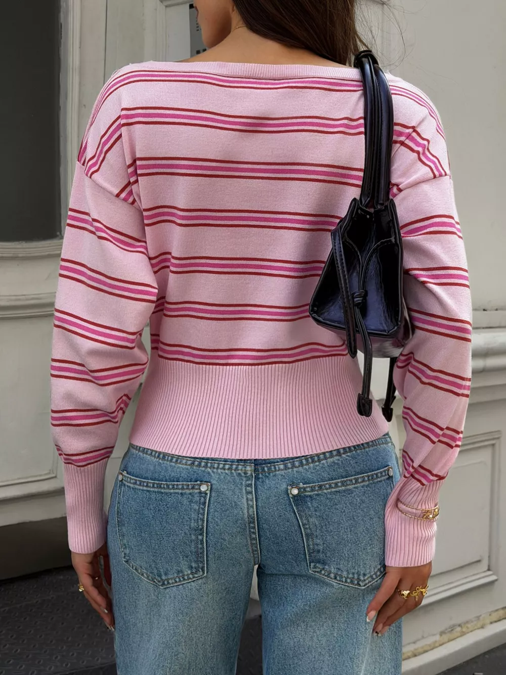 Off-Shoulder Striped Knit Top, image 5