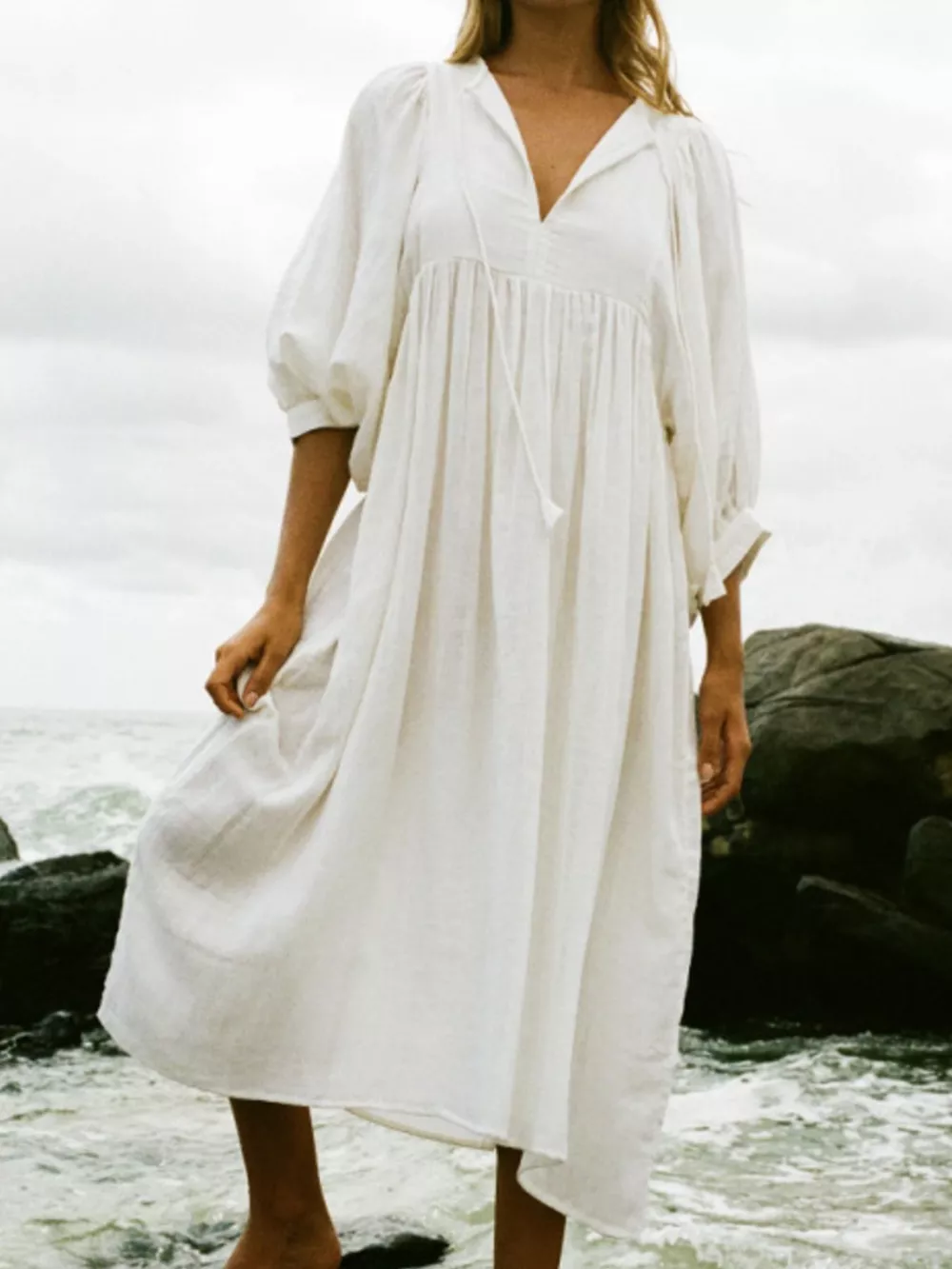 Tie Neck 3/4 Sleeve Midi Dress, image 4