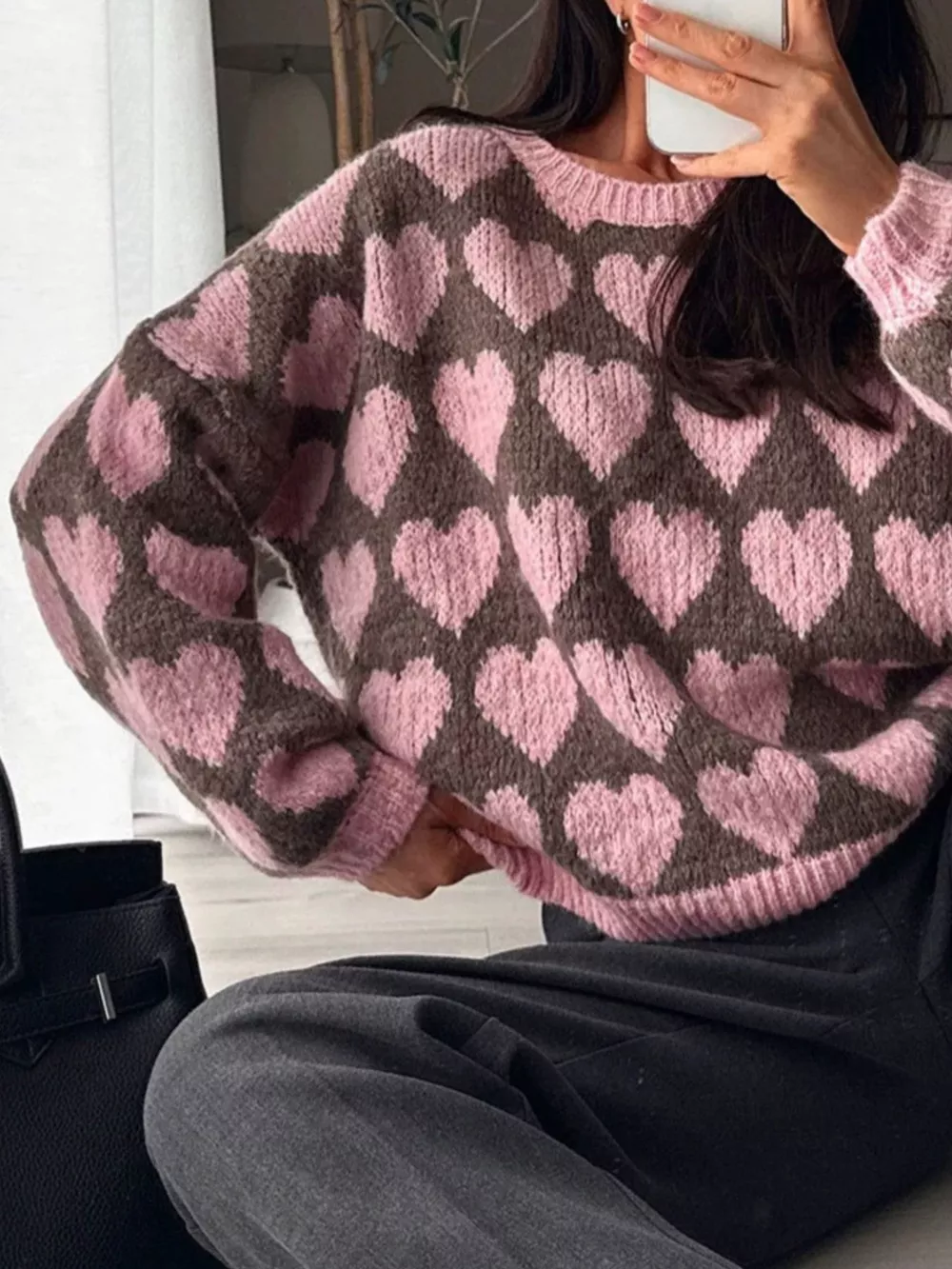 Heart Pattern Dropped Shoulder Sweater, image 19