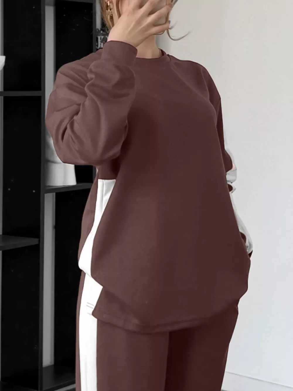 Full Size Contrast Round Neck Top and Pants Set Plus Size, image 14