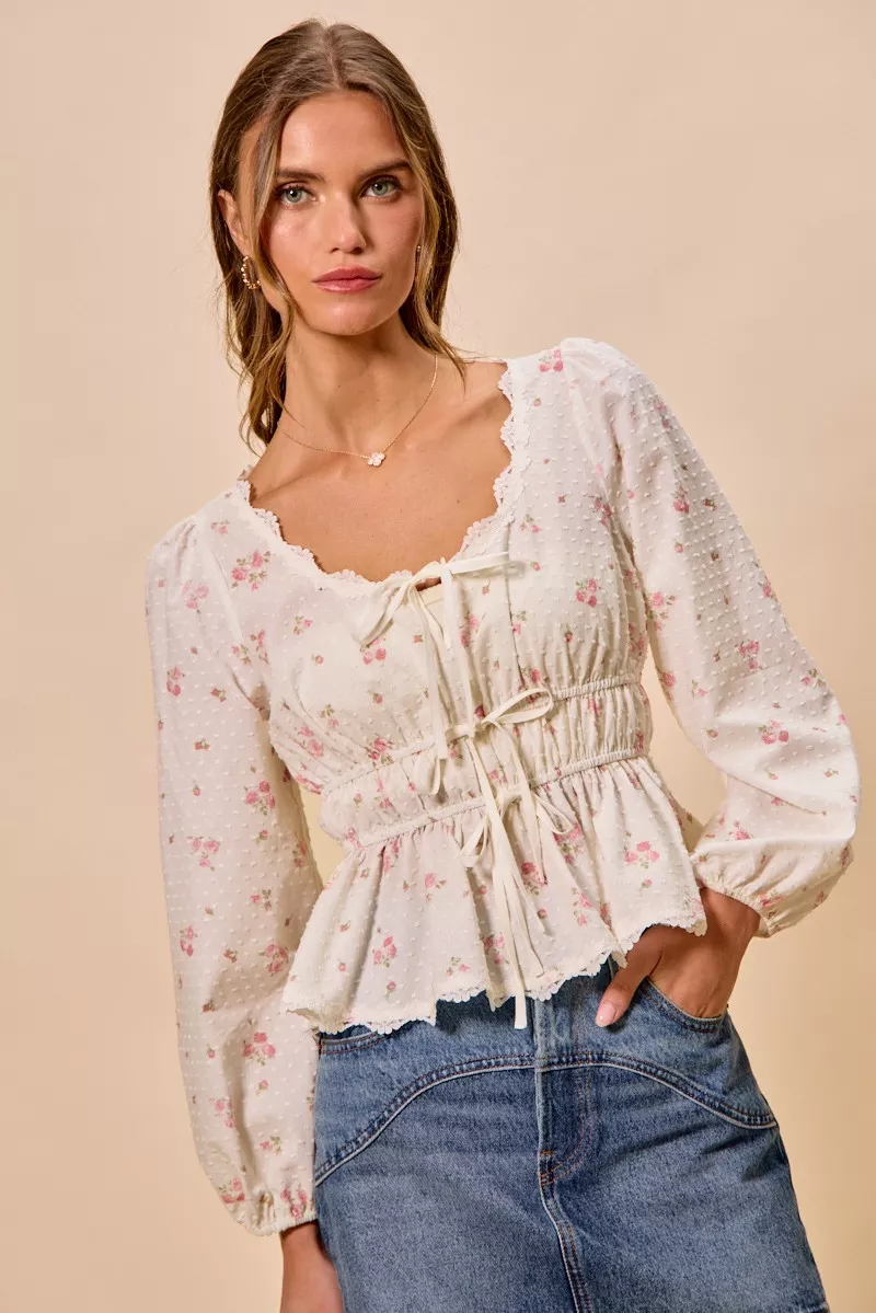 Floral Clip Dot Lace Trim Ruched Bodice Blouse, image 7