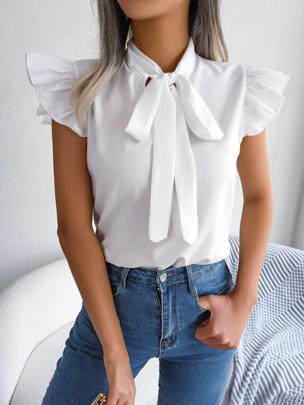 Tie Neck Cap Sleeve Blouse, image 5