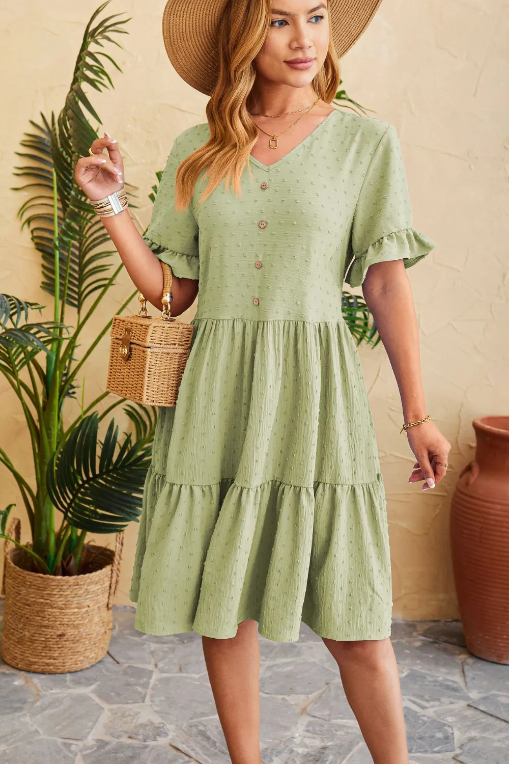 Swiss Dot Ruffled V-Neck Tiered Dress, image 9