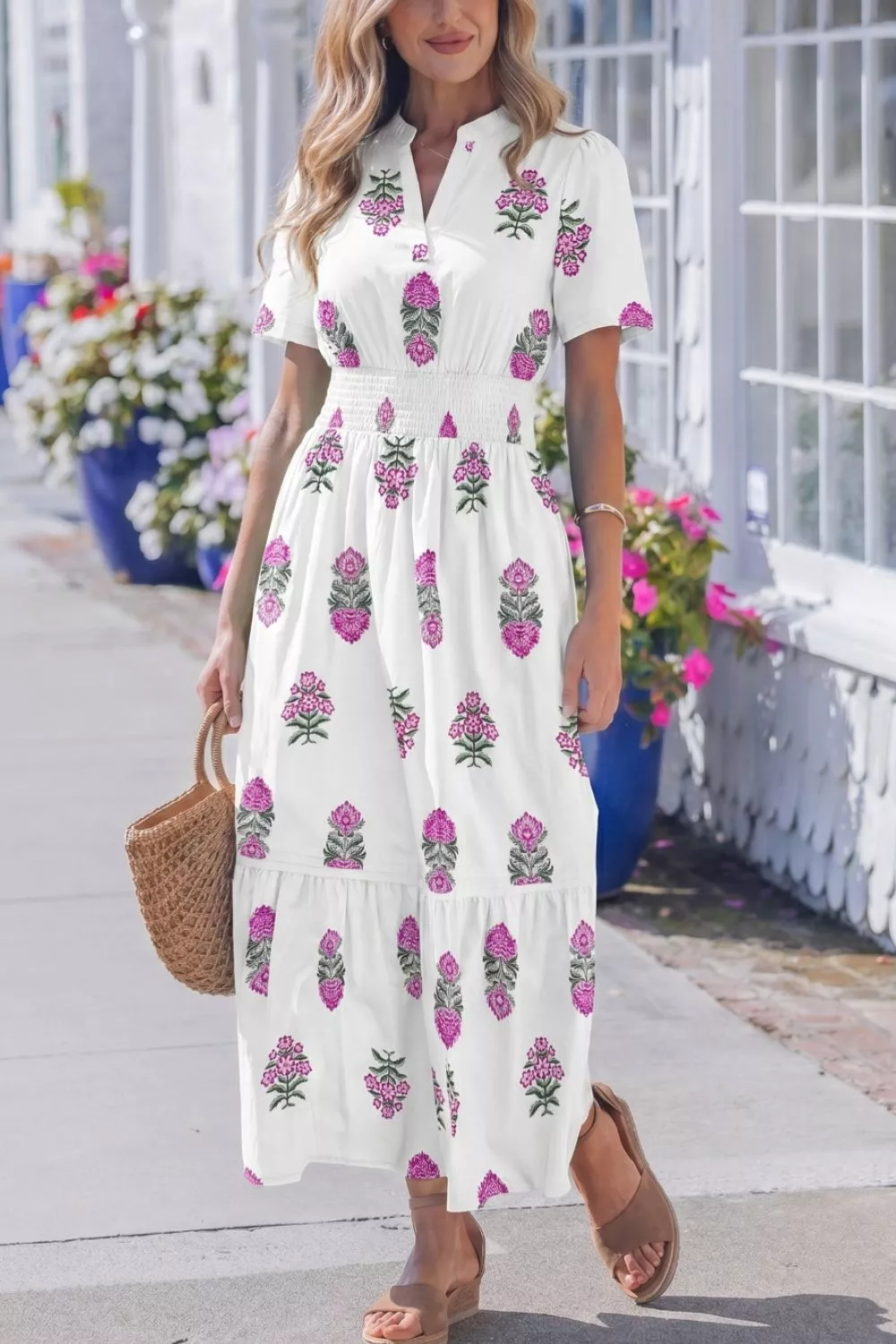 Floral Print Split Neck Shirred High Waist Ruffle Hem Midi Dress, image 3