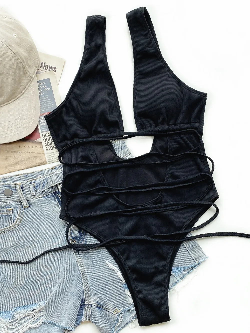 Ribbed Lace Up One-Piece Swimsuit, image 3