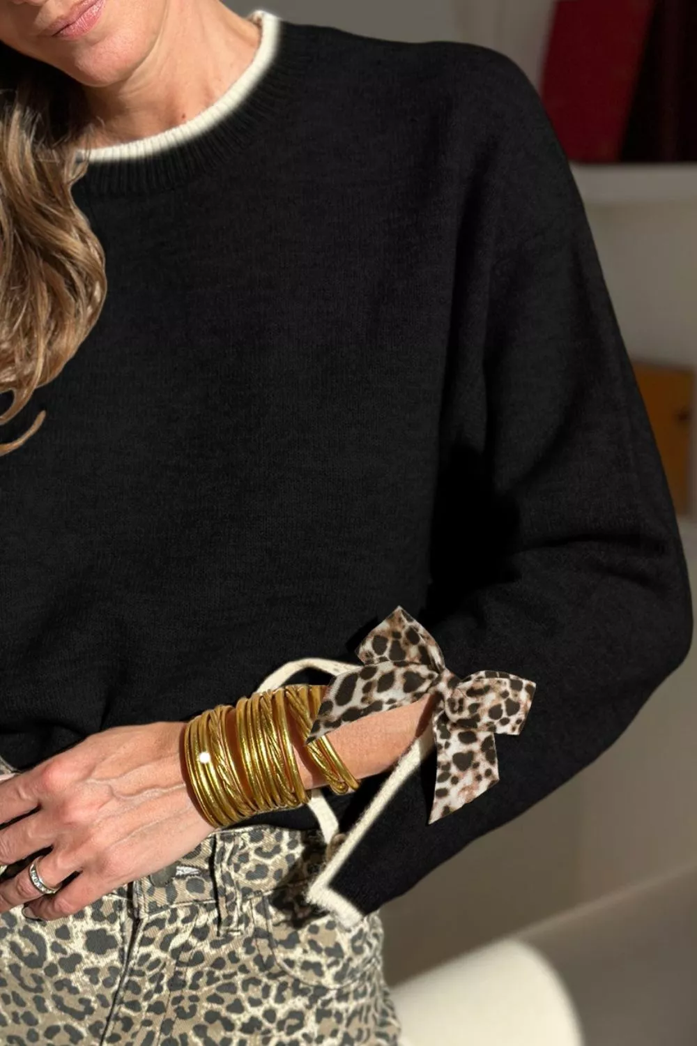 Leopard Bow Decor Split Cuff Contrast Trim Sweater, image 3