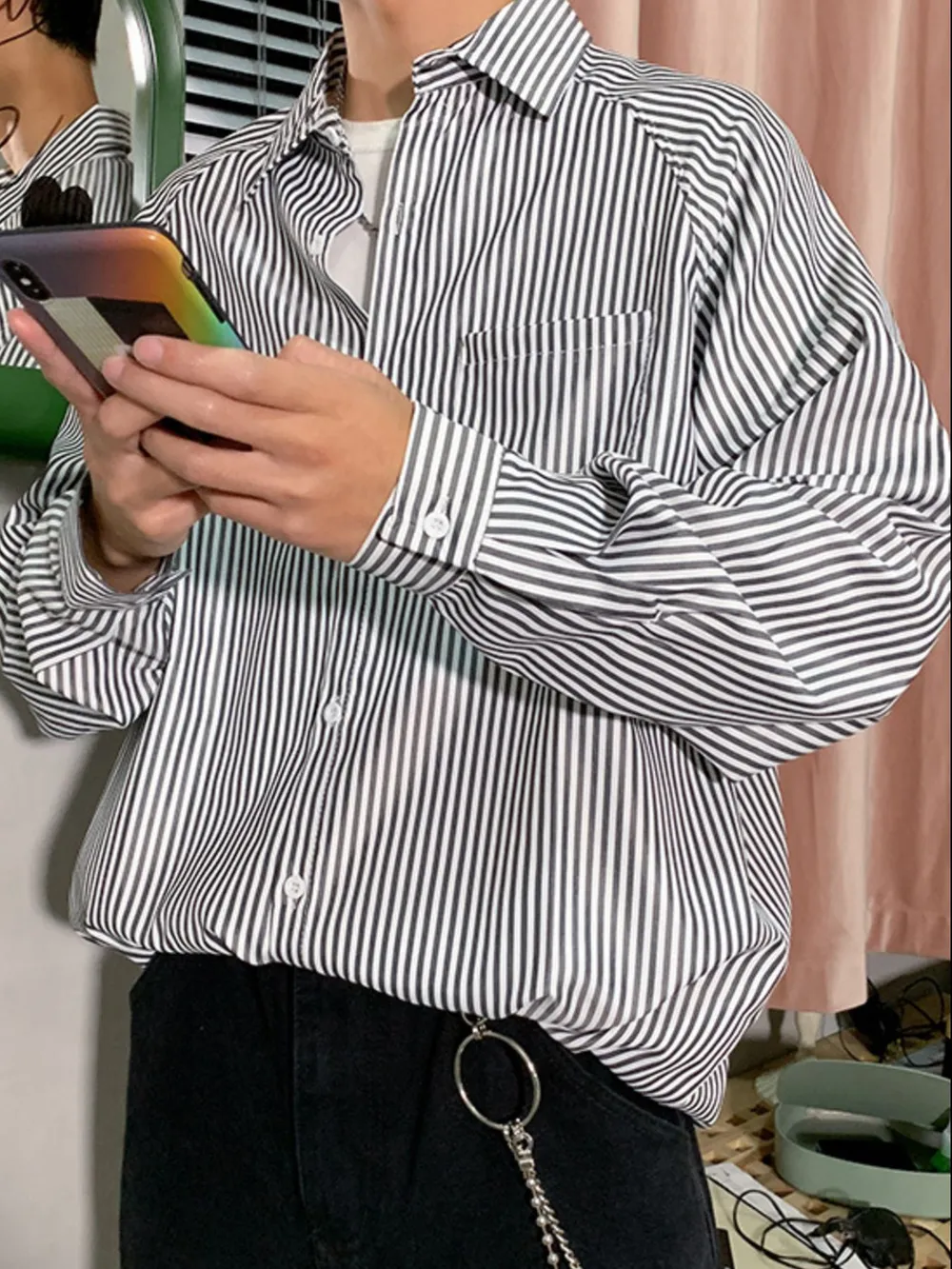 Men's Striped Long Sleeve Button-Up Shirt, image 5