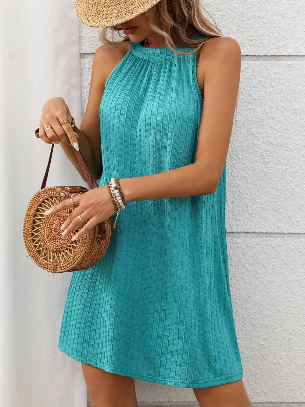 Textured Grecian Neck Mini Dress, image 14