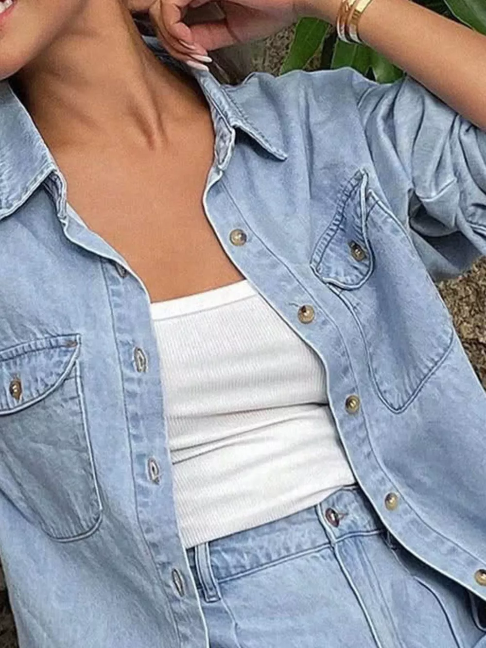 Button Up Long Sleeve Shirt and Shorts Denim Set, image 7