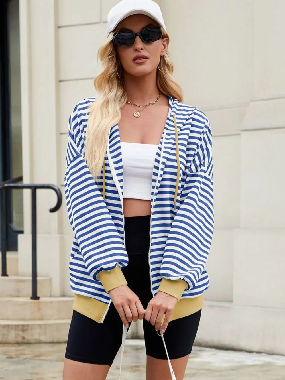 Drawstring Striped Zip Up Long Sleeve Hoodie, image 20