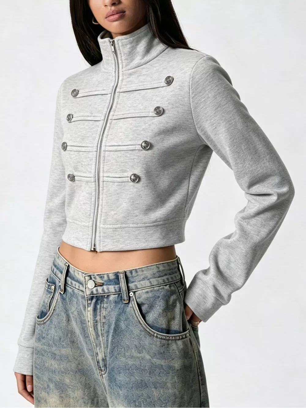 Cropped Zip-Up Outerwear with Decorative Buttons, image 2