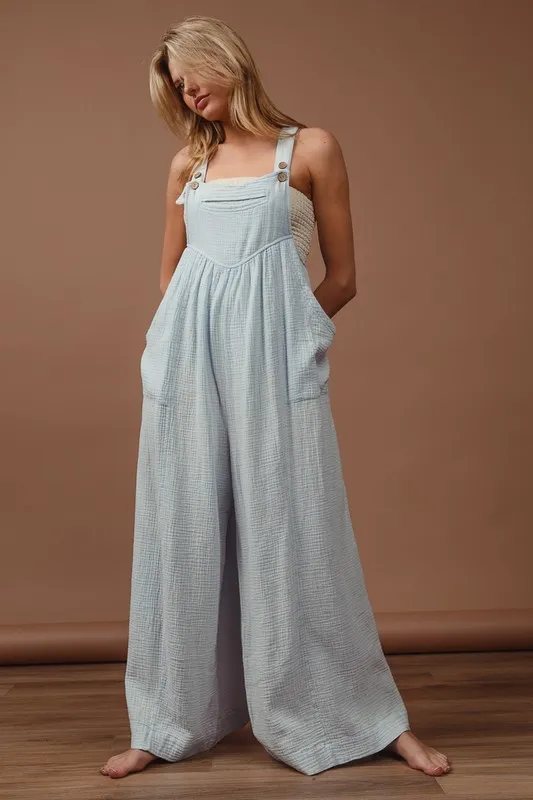 Vintage Washed Crinkle Gauze Wide Leg Overalls